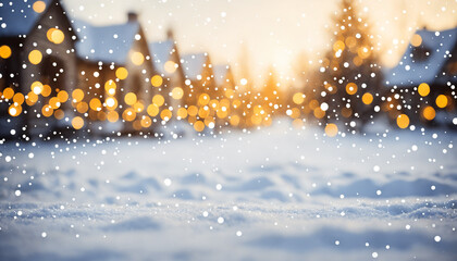 Obraz premium snowy small town scene with glowing bokeh lights