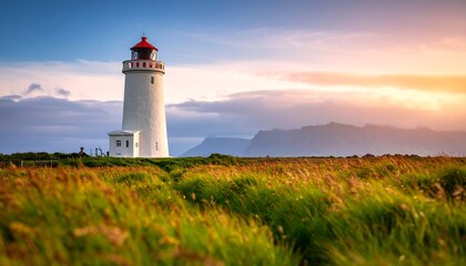 Lighthouse at sunset over a grassy field