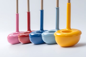 Row of Colorful Buckets with Wooden Handles, Yellow, Blue, Red, Pink, Light Blue