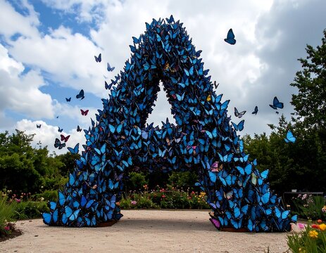 Giant letter A formed from blue butterflies in a garden setting