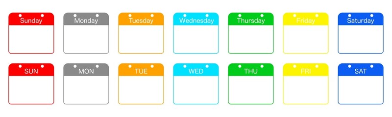 English weekday calendar with simple icons and colorful set  Sunday/Monday/Tuesday/Wednesday/Thursday/Friday/Saturday