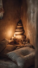 Cozy Meditation Corner with Candle and Stones
