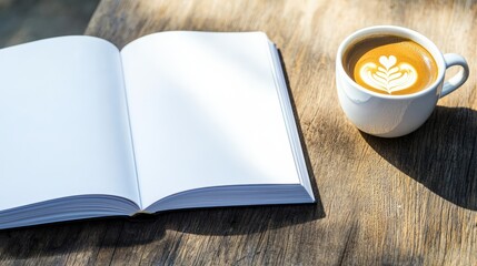 A coloring book paired with a cup of coffee on a rustic wooden desk, bathed in golden morning sunlight