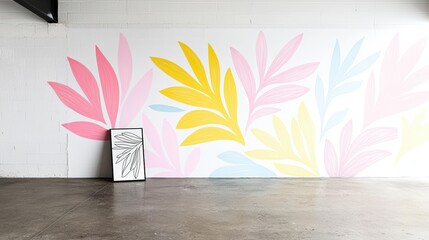 A creative presentation of a coloring book leaning against a wall mural painted with abstract shapes