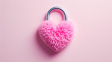 A pink fuzzy heart shaped padlock on a pink background
