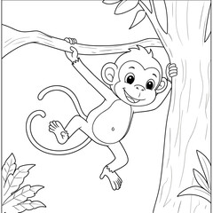 Playful cartoon monkey swinging from a tree with a big smile, drawn in lively black-and-white line art.