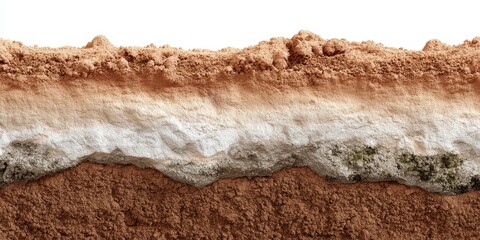Cross-section of layered earth; brown, white, and dark brown strata