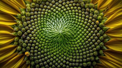 Close-up of sunflower's central disc, showcasing intricate seed spirals and vibrant green and yellow hues