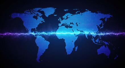 Blue world map with electric-looking energy surge; dark background