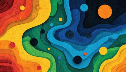 Abstract layered paper art with vibrant rainbow hues and cosmic elements