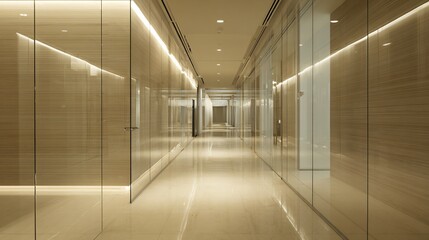 Corporate hallway glass doors and subtle lighting high end finishes silent and empty professional setting