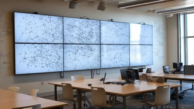 Modern classroom featuring large video wall and math scrawls
