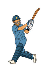 Cricket batsman in helmet completing a powerful lofted shot, full kit and motion lines. Isolated vector for match promos, fantasy leagues, sports headlines and tournament creatives.
