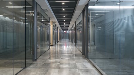 Corporate hallway glass doors and subtle lighting high end finishes silent and empty professional setting