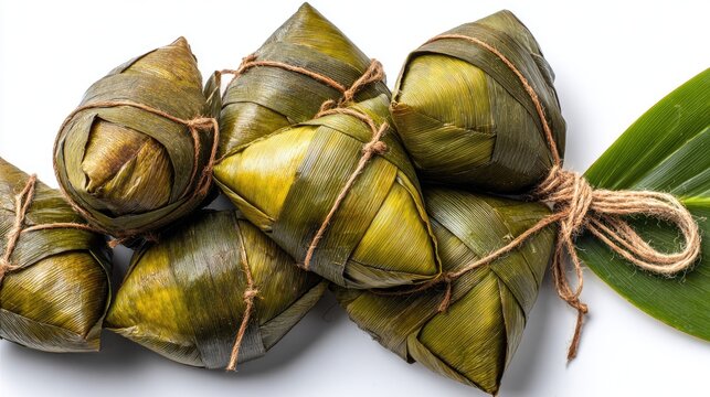 Close-up view of several tied rice dumplings.