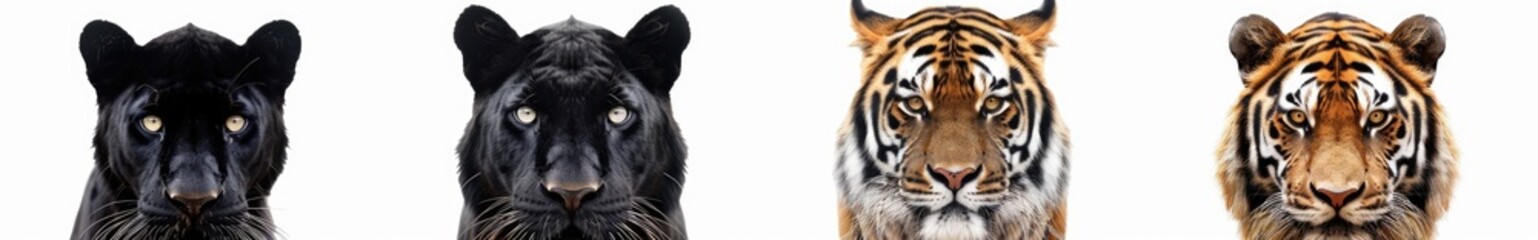 Obraz premium Set of different animal faces, including a black panther, tiger and lion isolated on a white background