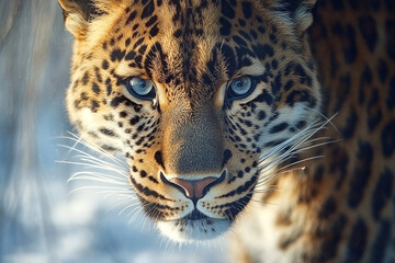 Obraz premium A captivating close-up of a leopard's face highlighting its stunning blue eyes and detailed fur