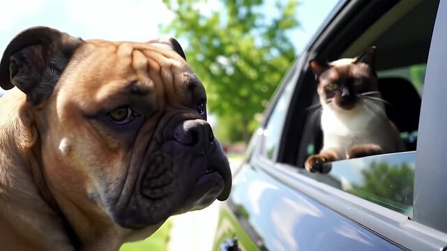 Captivating Close Up of Brindle Boxer Dog Gazing at Siamese Cat Inside Car Under Sun Drenched Lighting and Blue Car Exterior and Green Trees Background, Stock Video Footage