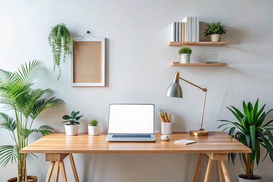 A desk with a laptop, a potted plant, and a few books