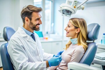 Obraz premium A dentist is talking to a woman in a dental chair
