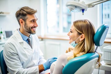 Fototapeta premium A dentist is talking to a woman in a dental chair