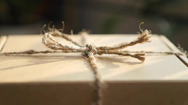 Close-up of a wrapped gift box with a rustic bow tied around it