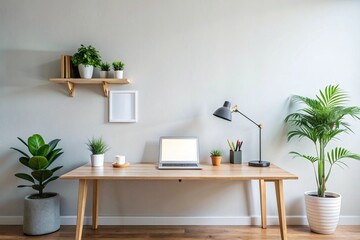 A desk with a laptop, a potted plant, and a few books