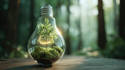 Miniature tree inside a lightbulb, symbolizing sustainability.