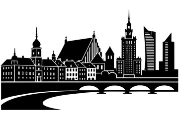Silhouette of the city of Warsaw on a transparent background