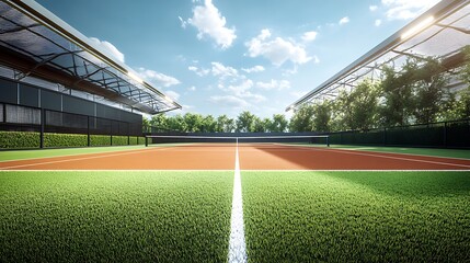 Obraz premium Empty tennis court with stadium seating and green grass under a sunny blue sky with clouds