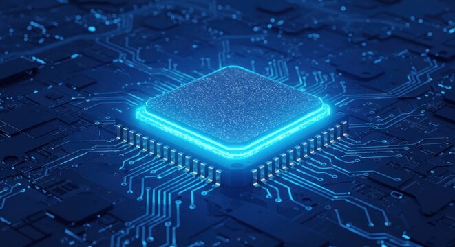 A glowing central processing unit, surrounded by a complex circuit board, bathed in blue light, showcasing intricate tech details