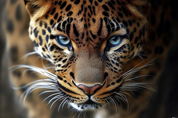 Fototapeta premium Mesmerizing portrait capturing the intense gaze of a leopard with blue eyes