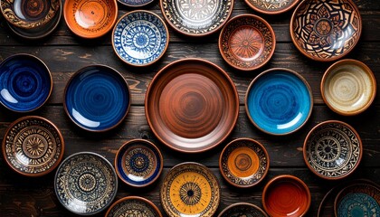 Colorful Ceramic Plates on Wooden Table – Top View Arrangement