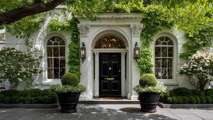 Elegant white mansion entryway, lush greenery