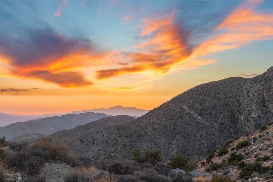 View of Mount San Jacinto and Coachella Valley from Keys View at sunset. Joshua Tree National Park - Powered by Adobe