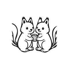 Beautiful black and white illustration of two adult squirrels holding hazelnut, silhouette vector design..