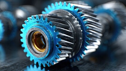 Close-up of metallic gears with blue teeth