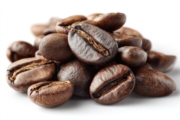 Close-up of a small pile of roasted coffee beans on a white background