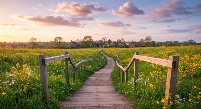 Rural path through field of yellow wildflowers, leading to village under a cloudy sunset sky