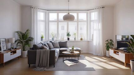 Fototapeta premium Bright modern living room with comfortable sofa natural light and contemporary decor