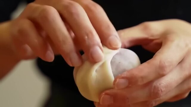 Hands shaping a round pastry