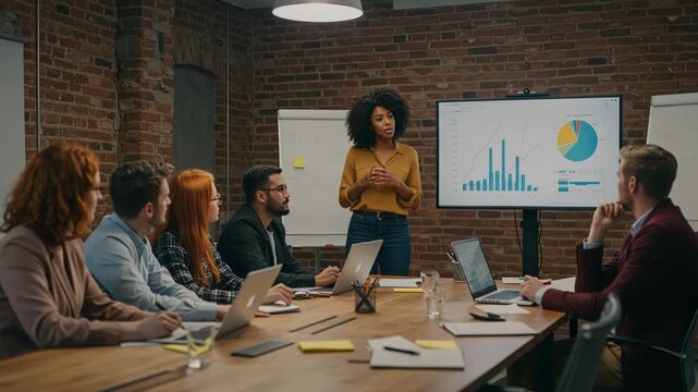 Diverse team in a modern office boardroom listening to a female leader present financial data and charts on a large screen during a business meeting - Powered by Adobe