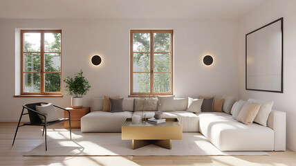 Fototapeta premium Bright modern living room with comfortable sectional sofa large windows and natural light creating a welcoming ambiance