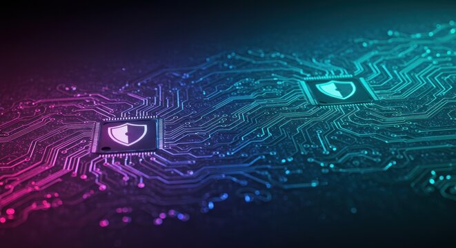 Circuit board with shield symbols, pink/blue glow on a dark background