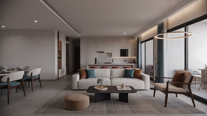 Modern living room with plush sofa and sleek kitchen area stylish interior design elegant furniture and natural light