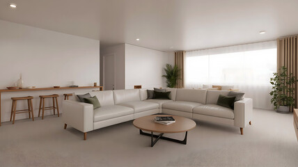 Fototapeta premium Modern cozy living room with sectional sofa and large window natural light elegant home interior design