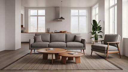 Modern cozy living room interior with plush sofa and natural wood accents and soft pastel wall colors