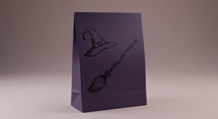 Purple gift bag features sketched witch hat and broom on its front, against a neutral background. 3D rendering, simple yet thematic