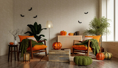 Halloween celebration interior decor featuring pumpkins and cozy seating. 3D render illustration