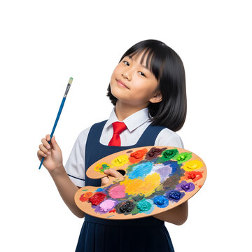 A schoolgirl in uniform holds a paint palette and a brush smiling gently on white or transparent background